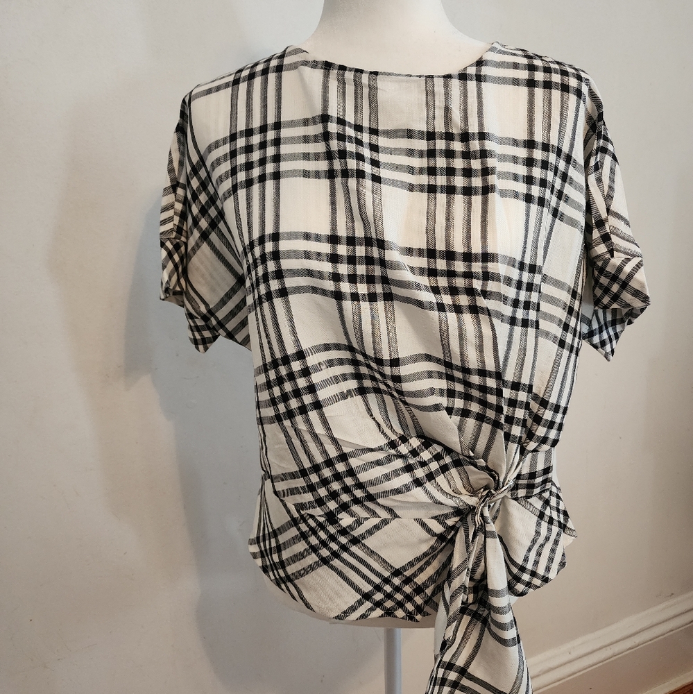 Zara Black and White Plaid Tie-Front Blouse